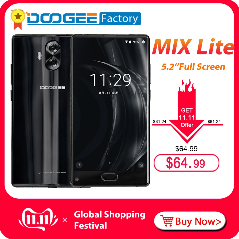 DOOGEE MIX Lite смартфон полный экран двойная камера 5 2 дюймов MTK6737 четыре ядра ГБ + 16 3080