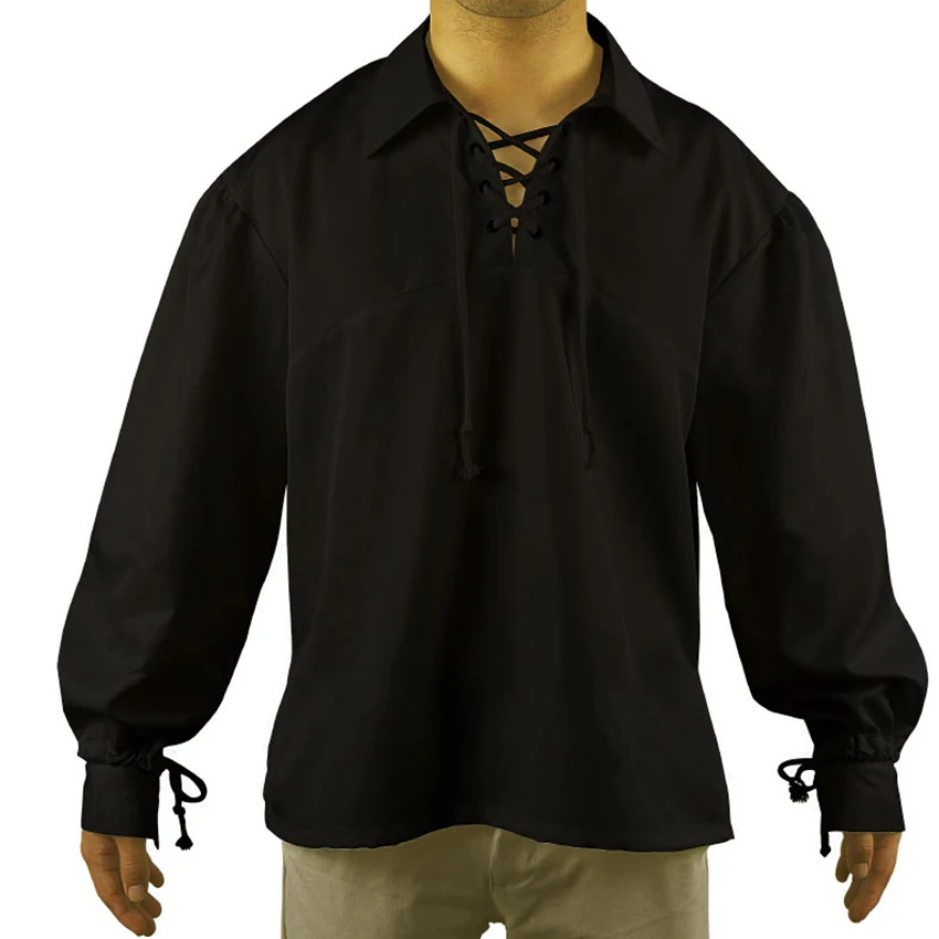 

Man Halloween Party Costume New Renaissance Casual Summer Pirate Shirt White Black Medieval Cosplay Costume Clothes Solid Tops