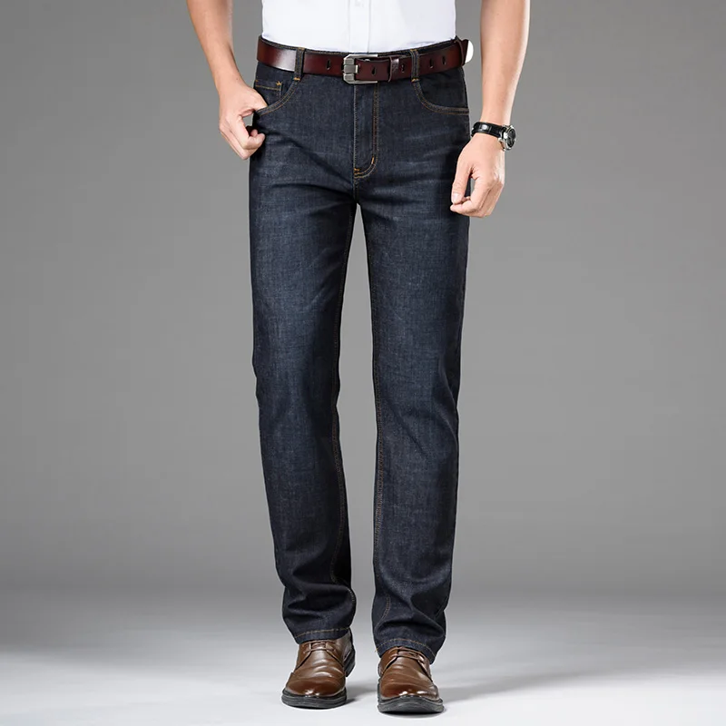 High Waistline Business Slim Jeans Fashion Casual Straight Cotton Elastic Big Size Brand Men Jean Men's Clothing Zipper | Мужская