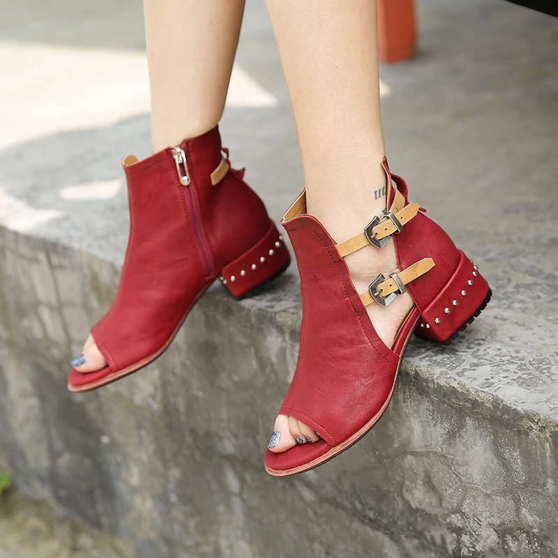 

Sexy Red Peep Toe Women Sandals 4CM Chunky Heel Dress Shoes Woman Straps Sandalias Mujer Genuine Leather Summer Boots