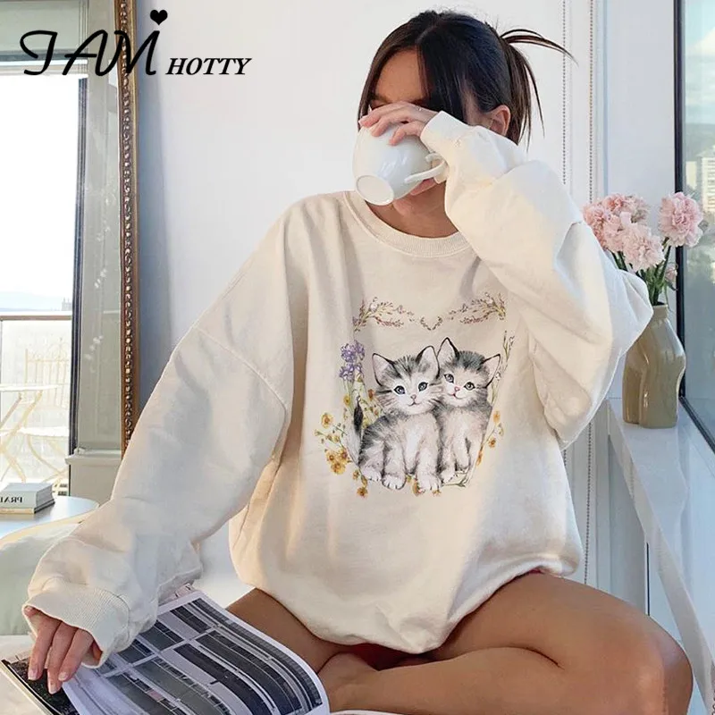 Iamhotty Милый рисунок с кошкой Женские толстовки длинными рукавами на осень