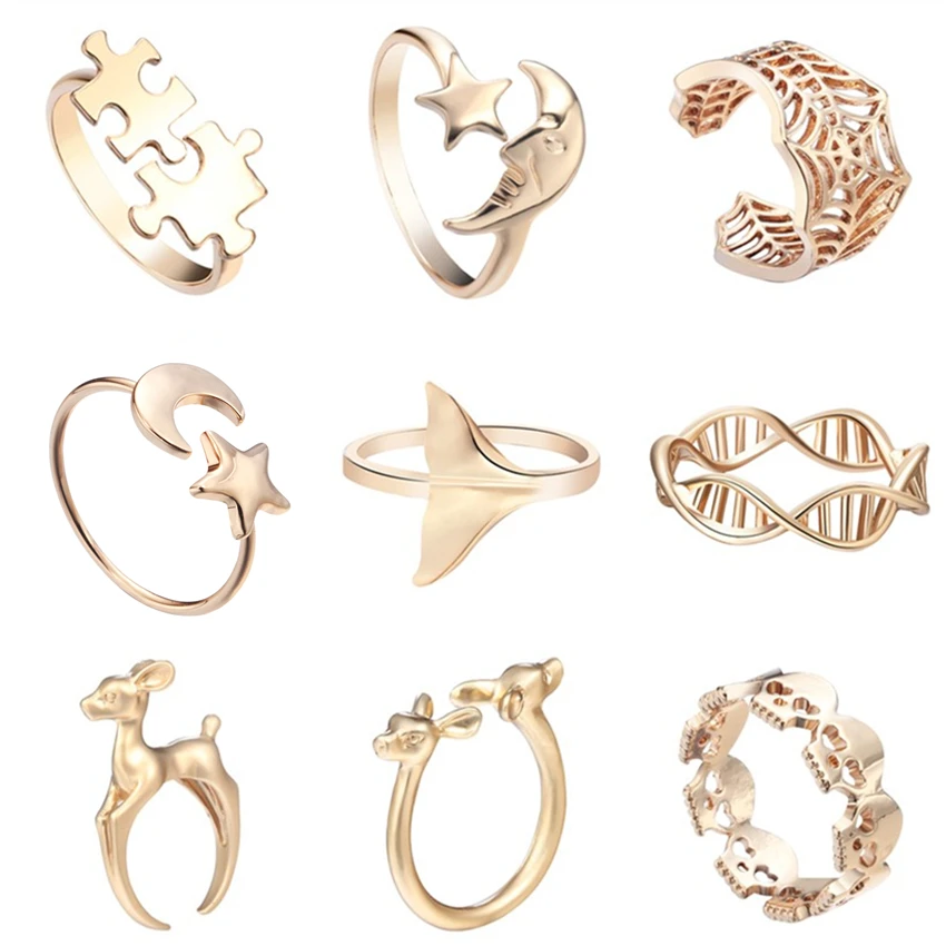Kinitial готические кольца с животными и звездами регулируемое кольцо пазл оленем