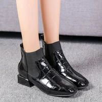 fashion women black boots autumn winter shoes square heel patchwork winter boots women shiny leather slip on ankle boots botte