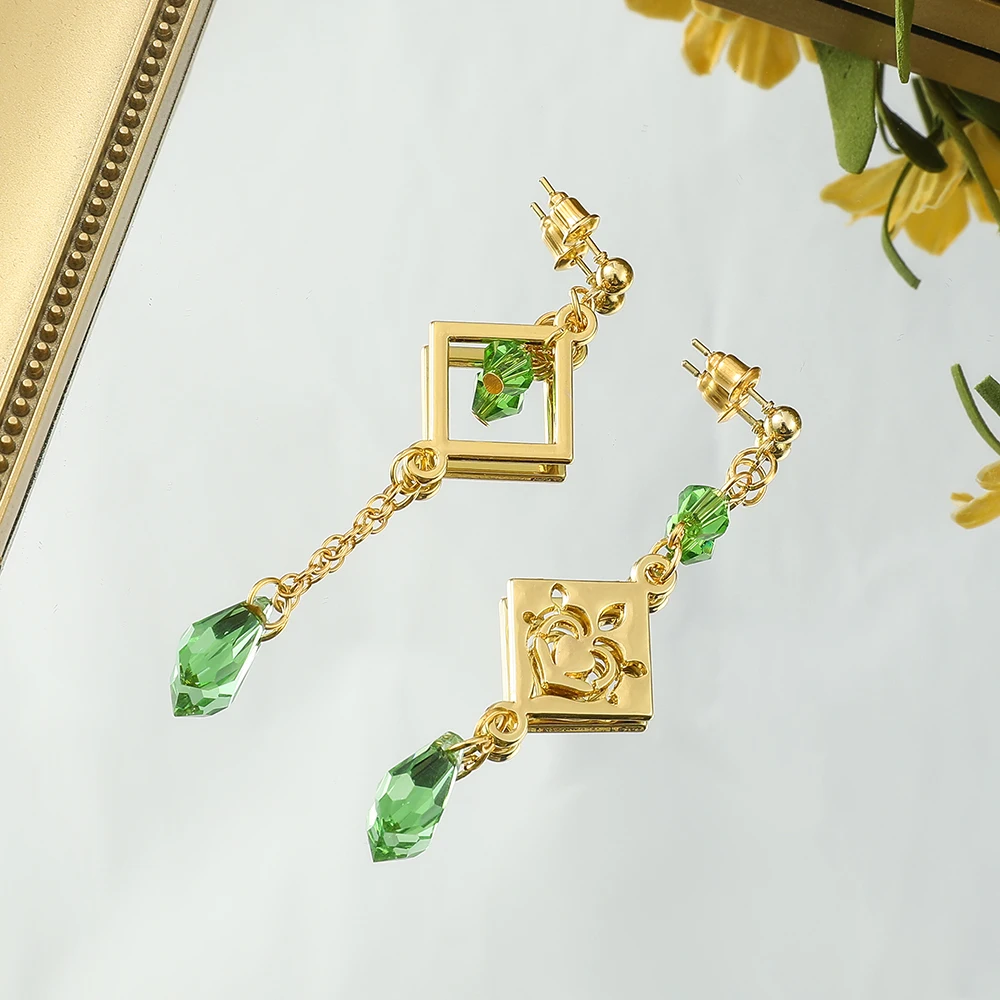 Необычные серьги Genshin Impact ромбовидный значок Зеленый хрустальный камень