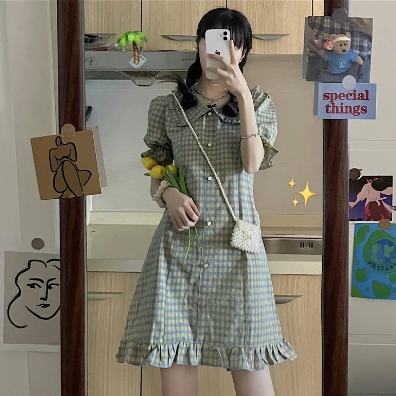 

Japanese Style Fresh 2021 Summer New Style Wooden Ear Doll Collar Slim-Fit Puff Sleeve Plaid Dress for Women kawaii dress