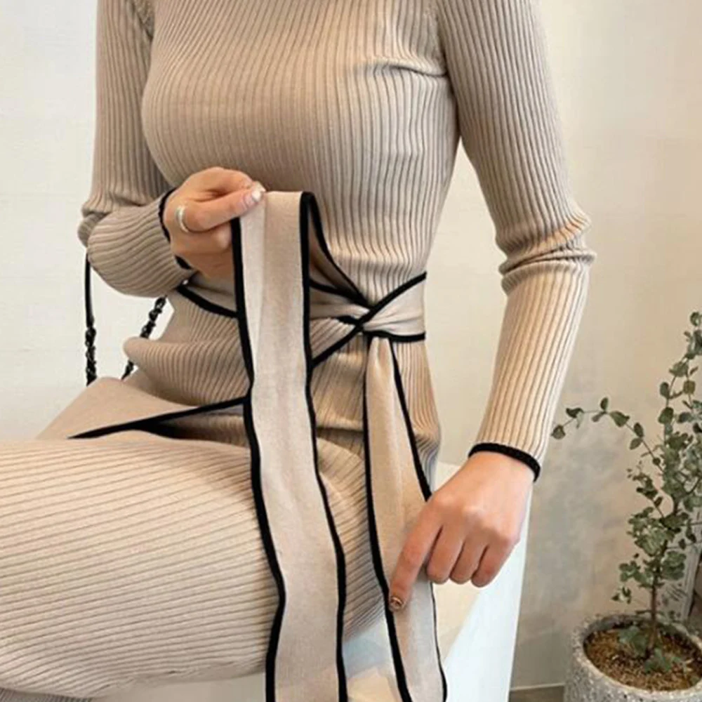 

Korean Knitted Dresses For Women Loose Pullovers Vintage Cotton Loungewear Belt Sweater Dress Autumn New Elegant Long Dress 2021