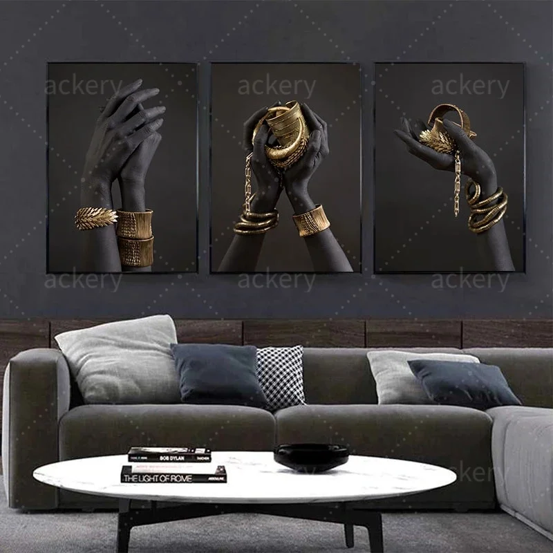 

Black Hand Canvas Painting African with Gold Jewelry Poster And Print Hd Quality Painting Wall Decor Art Decoration Crafts