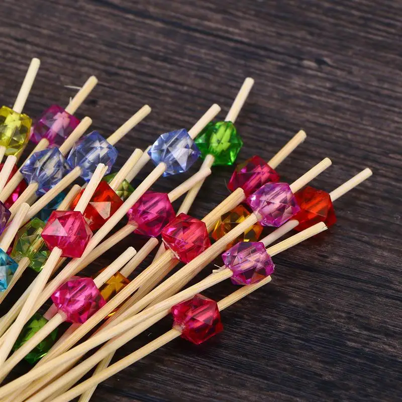 

100Pcs 12cm Cocktail Picks Creative Handmade Square Octagonal Bead Appetizer Picks Fruit Toothpicks Party Supplies