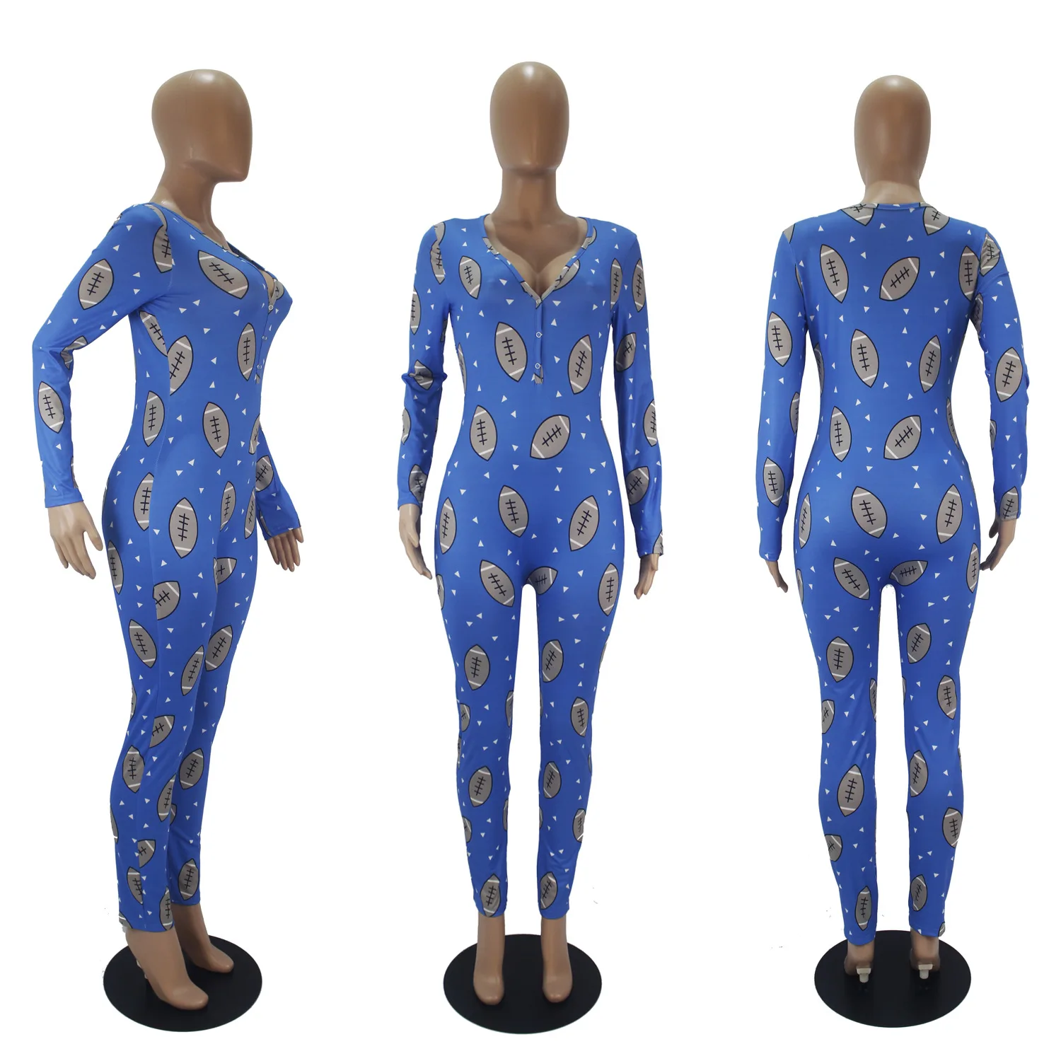 

Sexy Deep V-neck Long Sleeve Skinny Rompers Women Casual Rugby Print Bodycon Jumpsuit Female Party Club Red Bodysuit Mono Mujer