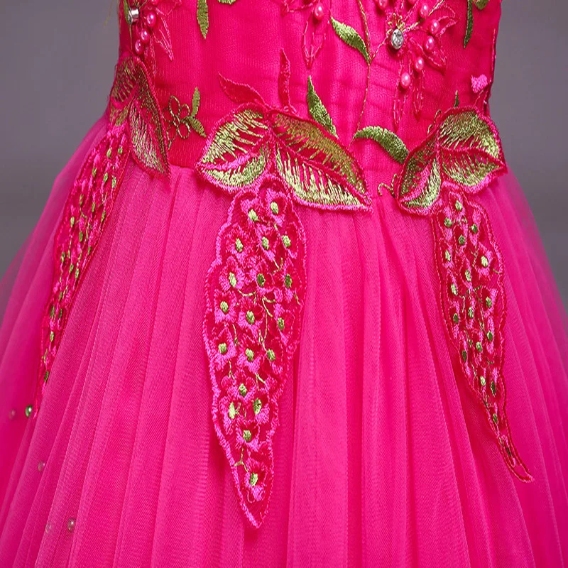 

Flower Girls Dresses Crystal Bow Pearls Embroidery Tulle Lace Luxury Sleeveless O-Neck Knee-Length Kids Party Princess Gown F274