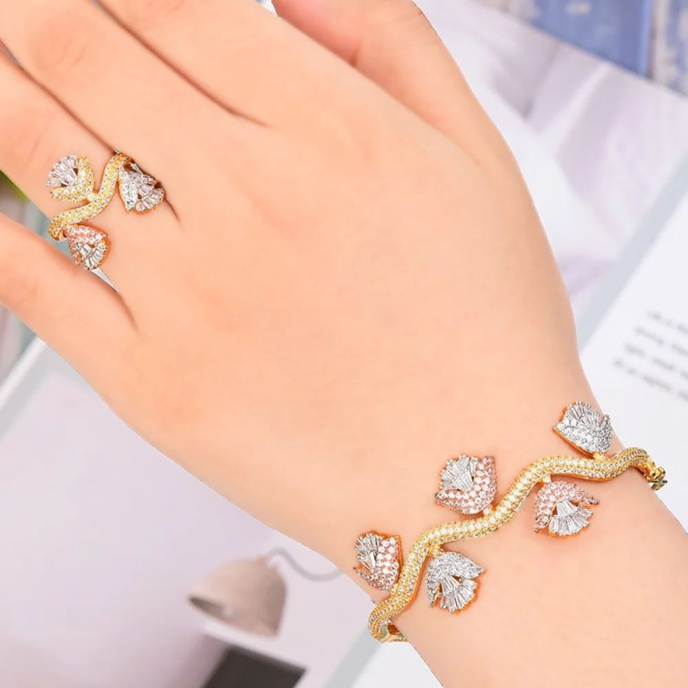 

Blachette Luxury Cubic Zircon Bracelets/Ring Jewelry Sets Inlaid Dubai Nigerian 2PCS For Women Girls Wedding Banquet Anniversary