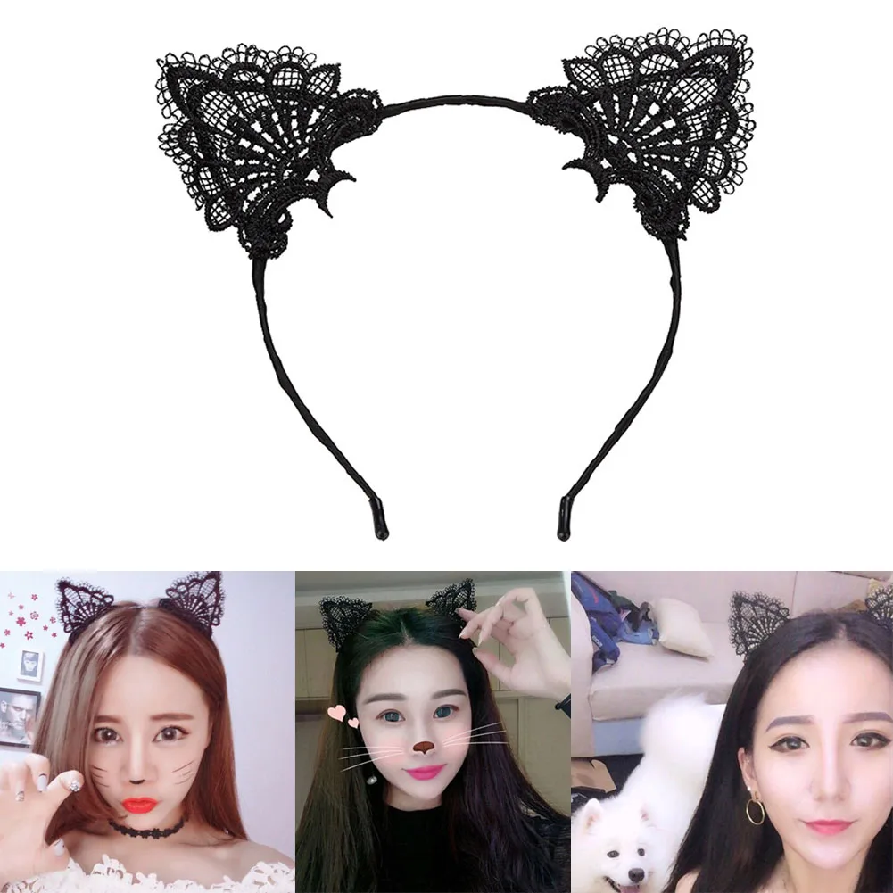Женский ободок для волос Kawaii черный с милыми кружевными кошачьими ушками