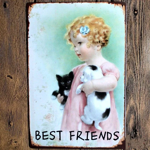 

Vintage New Tin Sign Cute Girl Cat and Dog Best Friends Tin Sign 8x12 Inch Retro Home Garage Bar Pub Wall Decor Art