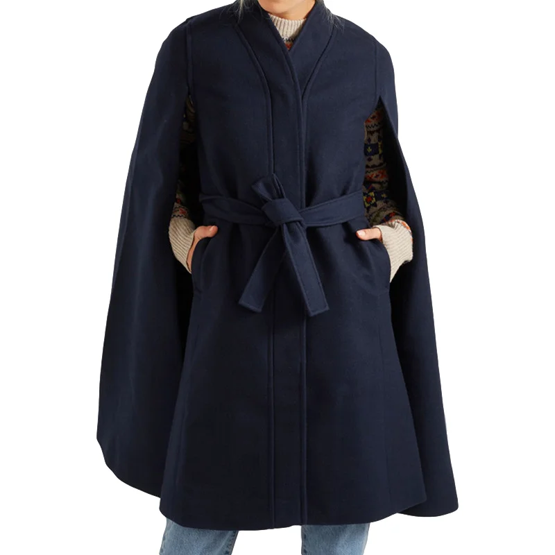 

New Autumn Winter Coat Cloak Wool Jacket Poncho Women Mid-Length Office Ladies Cape Belt Overcoat Female Outwear Clothes