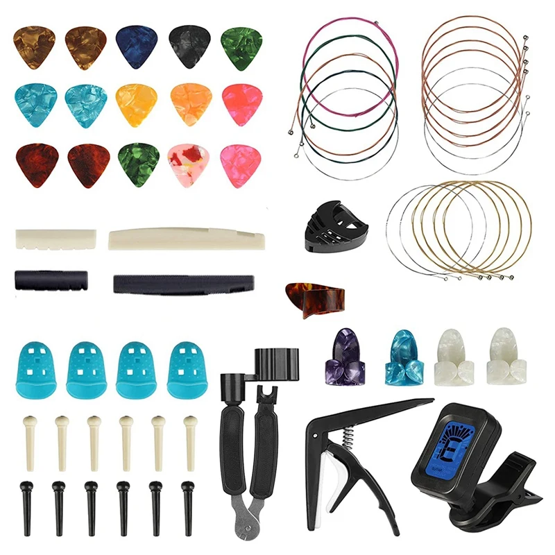 

61PCS Guitar Accessories Kit Including Guitar Picks,Tuner, Capo, Acoustic Guitar Strings,3 In1 String Winder Bridge Pins