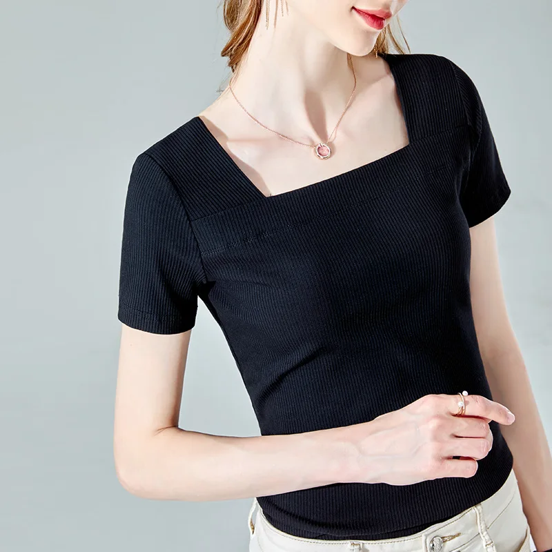 

Modal T-shirt women's new summer 2021 women's solid short sleeve T-shirt French square neck top