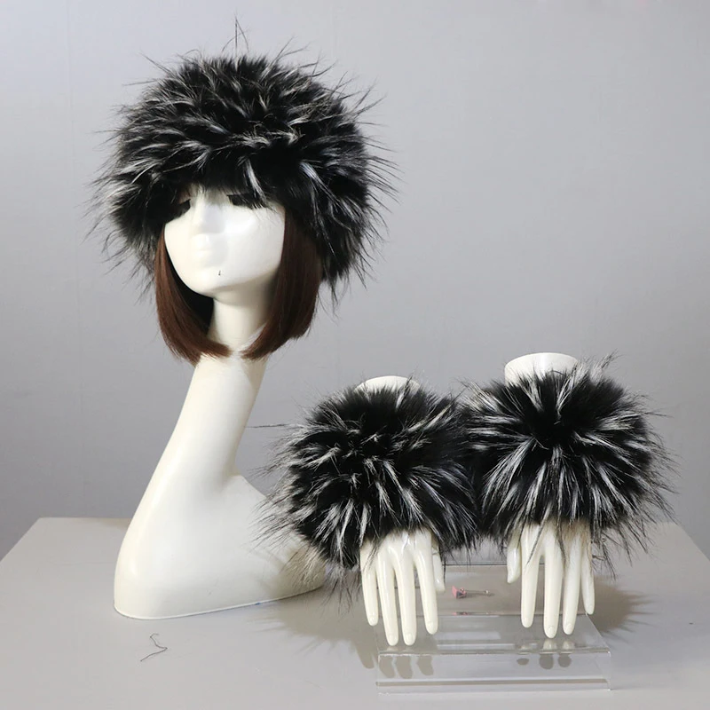 Один комплект для женщин из искусственного лисьего меха с манжетами + повязка на