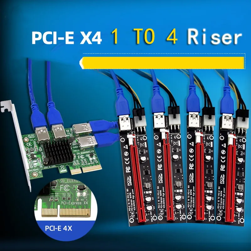 

PCI-E Райзер от 1 до 4 USB 3,0, карточный концентратор PCI Express X16, Райзер-адаптер для майнинга биткоинов ETH, 4 порта USB, PCI Express X4 Райзер-карта