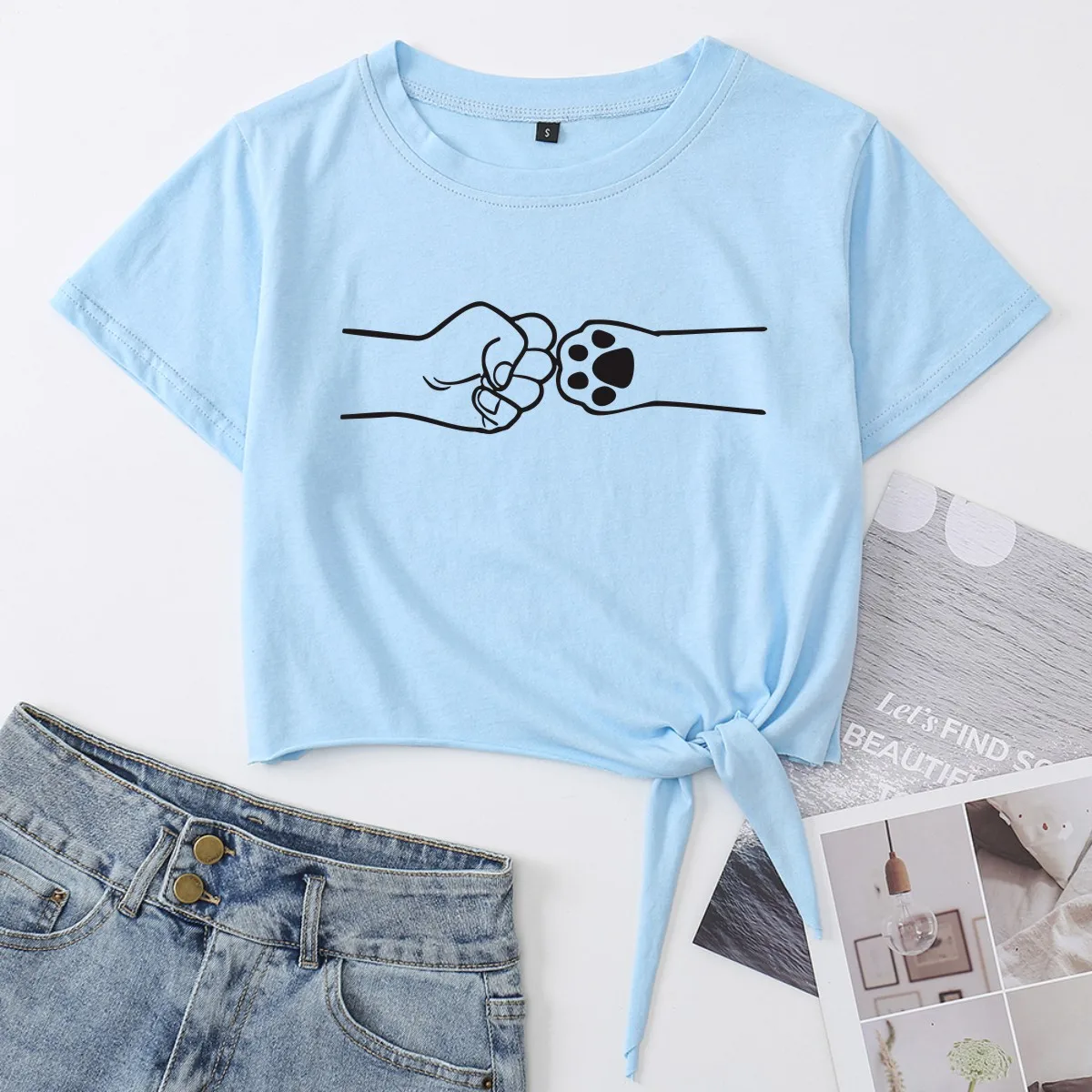 

Fist and Paw Best Friend Knotted Crop Top Shirt Women's Summer Short Sleeve Cotton T-Shirt Cropped Tops Graphic Tee Front Knot