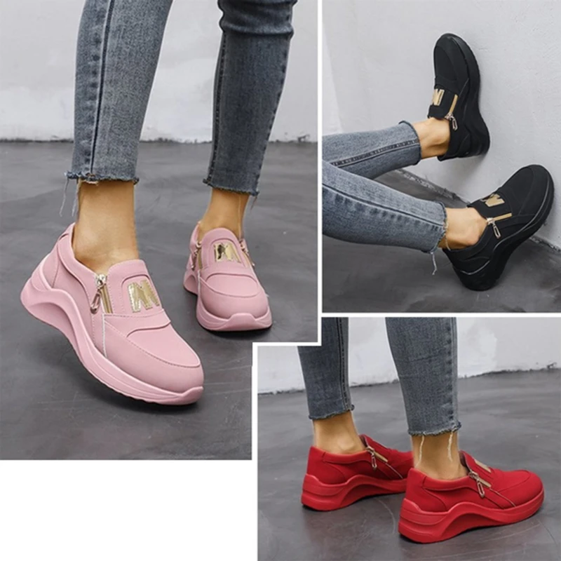 

Women's Lacing Casual Shoes Breathable Ladies Sneakers Zippers PU Thick Bottom Sneakers Ladies Running Outdoor Sneakers