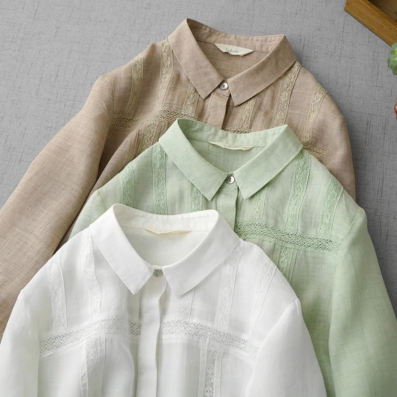 

Spring Summer New Women Loose Plus Size Sweet Lace Patchwork Comfortable Water Washed Thin Ramie See-through White Shirts/Blouse