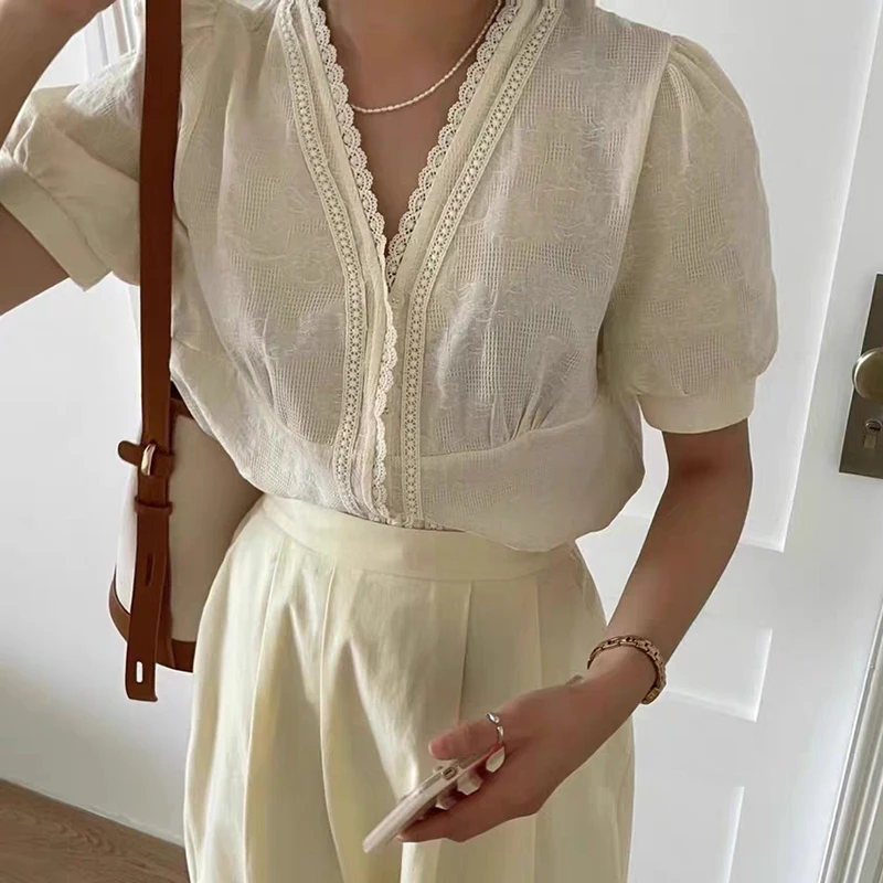 

BETHQUENOY Short Sleeve Blouses Summer V-Neck Chemisier Femme Chiffon Tops Shirt For Women 2021White Ladies Blusas Camisas Mujer
