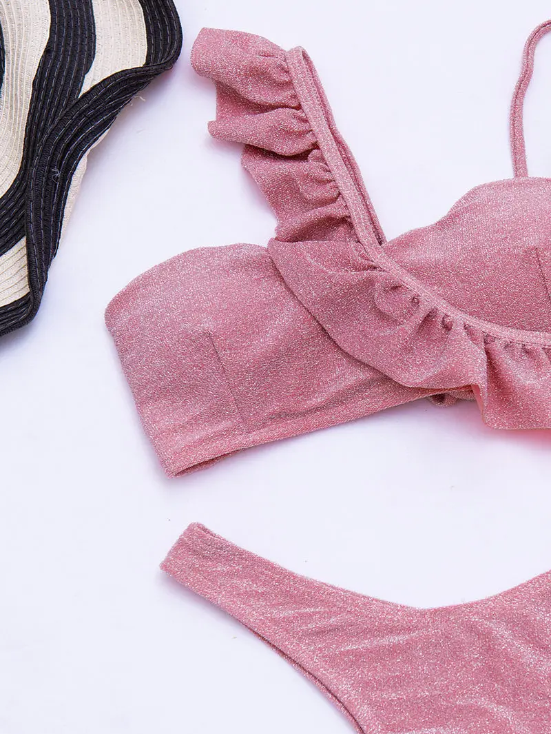 

2021 Summer Two Pieces Falbala Bikini Waist Fission Dusty Rose Lurex Fabric Long Strap Bra Low Wasit Swimsuit