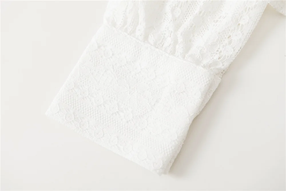 

Semi-perspective Women White Blouse 2021 New Thin Flowers Lace Hollow out Long Sleeve Shirt and Tops