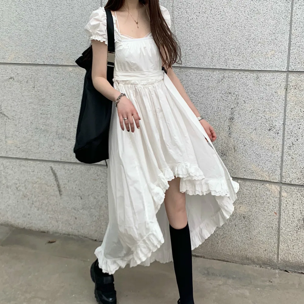 

Женское длинное Хлопковое платье, белое асимметричное платье-трапеция с квадратным воротником и оборками на подоле, лето