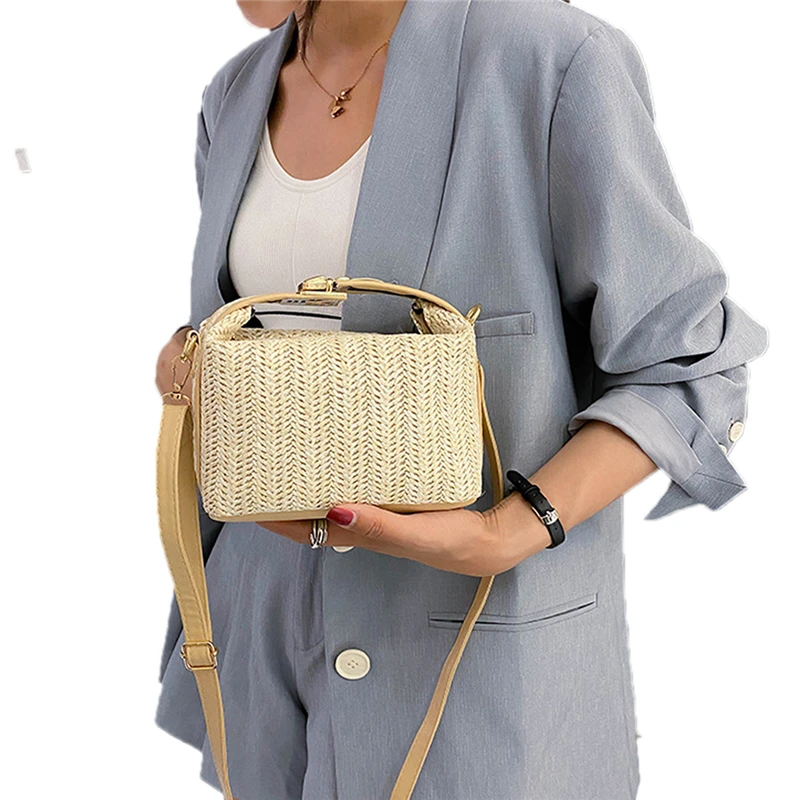 

2020 Fashion Women's Small Crossbody Bag Summer Beach Holiday Woven Straw Style Rectangular Shoulder Bag Long Strap Purse