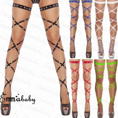 

Sexy Women Lingerie Bandage Fishnet Stockings Thigh-High Crystal Studded Thigh High Leg Rave Wraps Strappy Rhinestone Tights