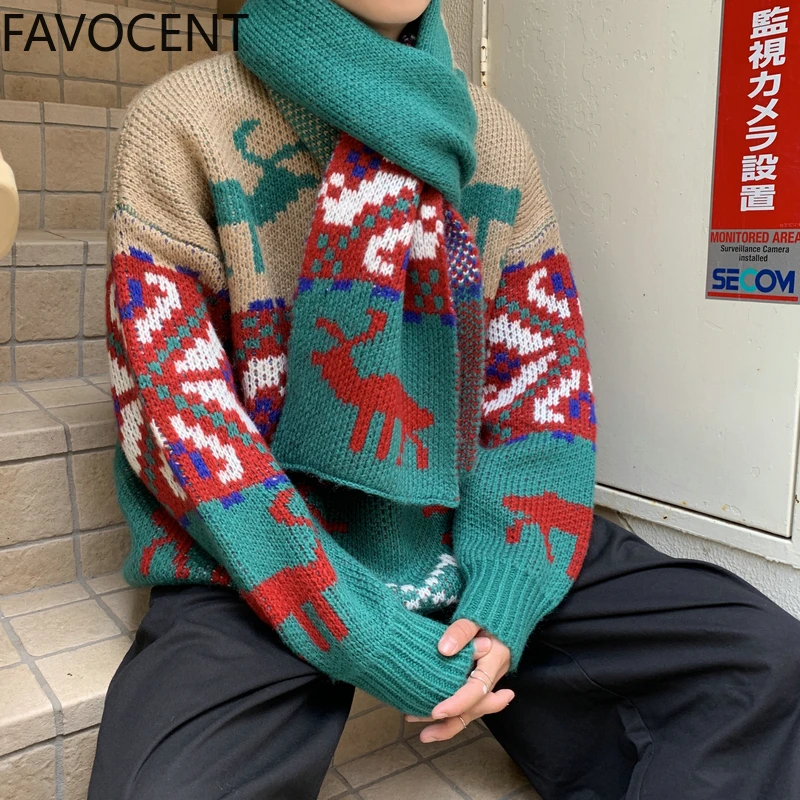 Мужской толстый свободный свитер в этническом стиле с мультяшным принтом модный