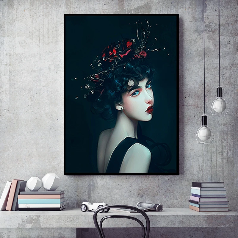 

Creative Anime Alien Girl Canvas Painting Bird Leaf Flowers Butterfly Poster Print Wall Art For Living Room Home Decor
