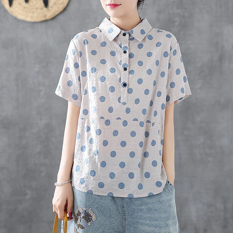 

Summer New Arts Style Women Short Sleeve Polka Dot Shirts Turn-down Collar all-matched Casual cotton linen Blouse Plus Size S711