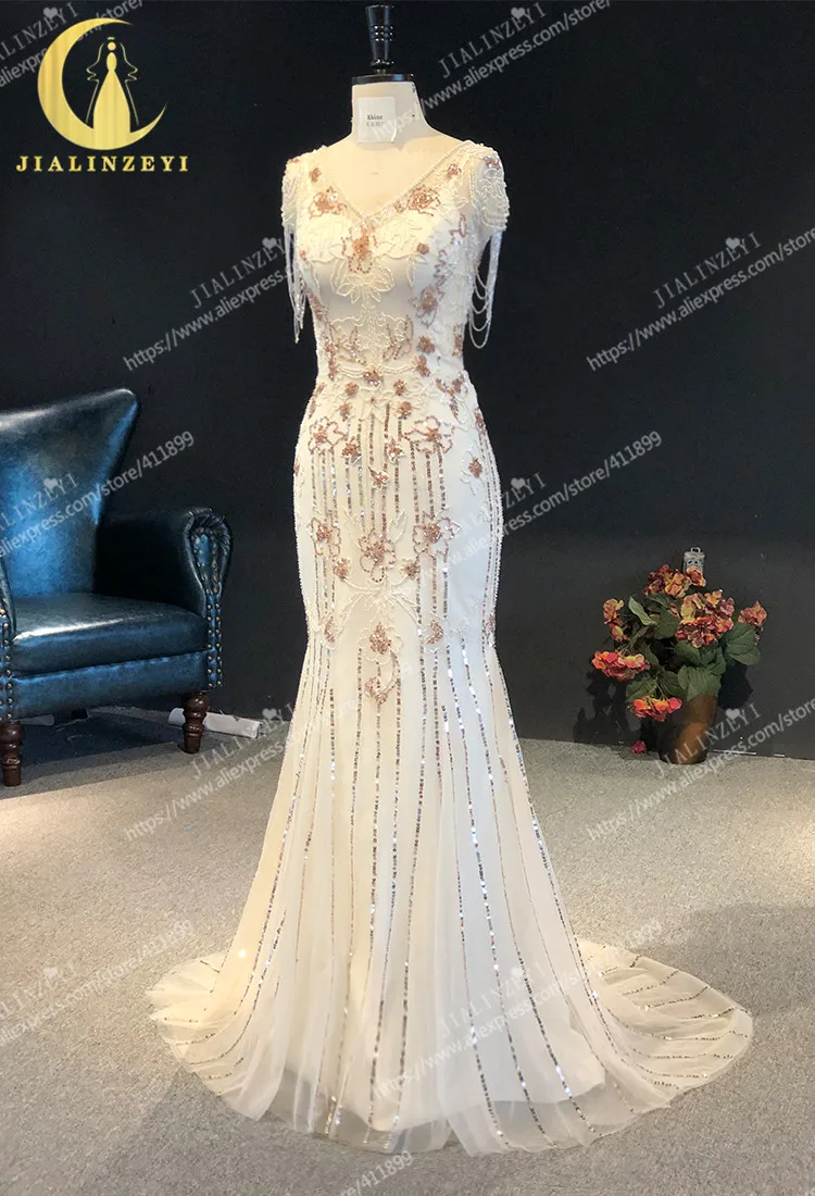 Rhine real Pictures V neck with Gold beads Mermaid Prom dresses arabic evening dresses long