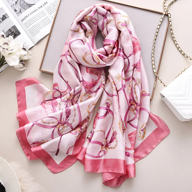 

Luxury Chain Print Scarf Silk Women Shawls and Wraps Pashmina Hijab Foulard Lady Beach Scarves Long Bufanda 2021