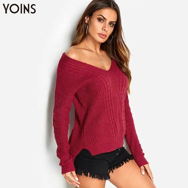 YOINS 2019 весна осень зима женские свитера джемпер перекрестный v-образный вырез