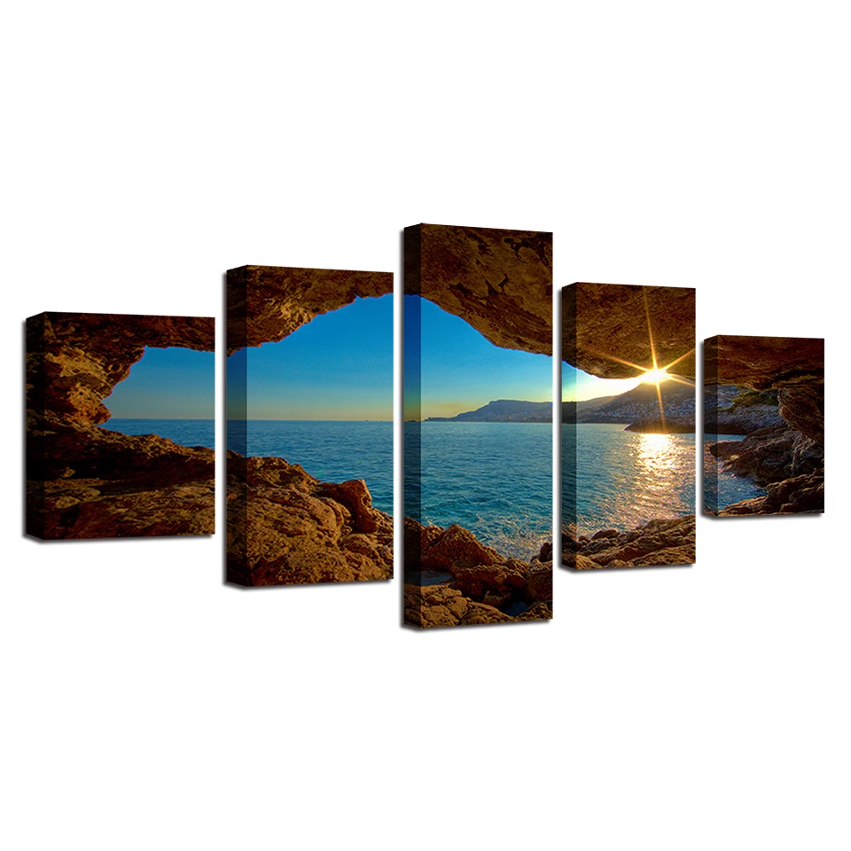 

Modern Living Room Decorative Artwork 5 Panel Hole Sun Seascape Wall Art Poster Modular Picture Canvas Painting Framework