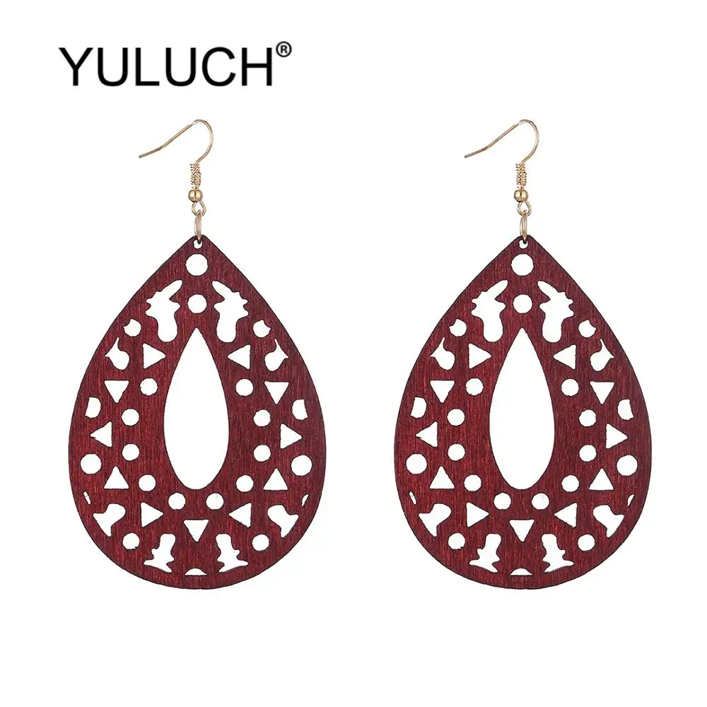 

YULUCH Vintage Hollow Wooden Water Drop Earrings For Lady Party Fashion Jewelry Ethnic African Indian Personality Long Earrings