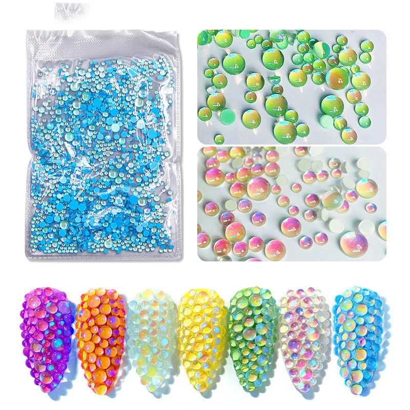 

1440Pcs Colorful Neno Bubble Nail Rhinestones SS4-SS20 Mixed Size Glass Half Pearls Falt-Back Mermaid Tears Gem Nail Stones