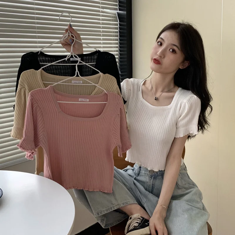 

Short Top Summer 2021 New High Waist Navel Slimming Sense of Design Niche Knitted Short Sleeve Women's Ins Fashion