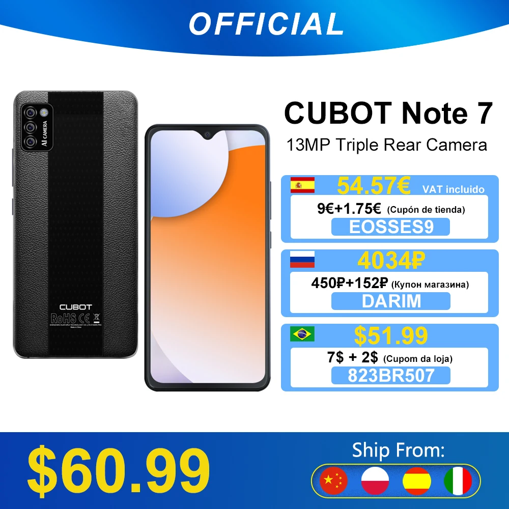 Cubot Note 7 смартфон AI тройные камеры 13 МП Поддержка Распознавания лица 5 &quot экран