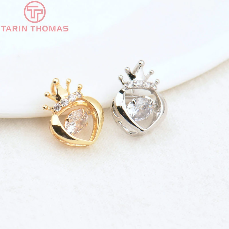 

(3859)2PCS 10x13.5MM24K Gold Color Brass with Zircon Heart Crown Charms Pendants High Quality Diy Jewelry Findings Accessories
