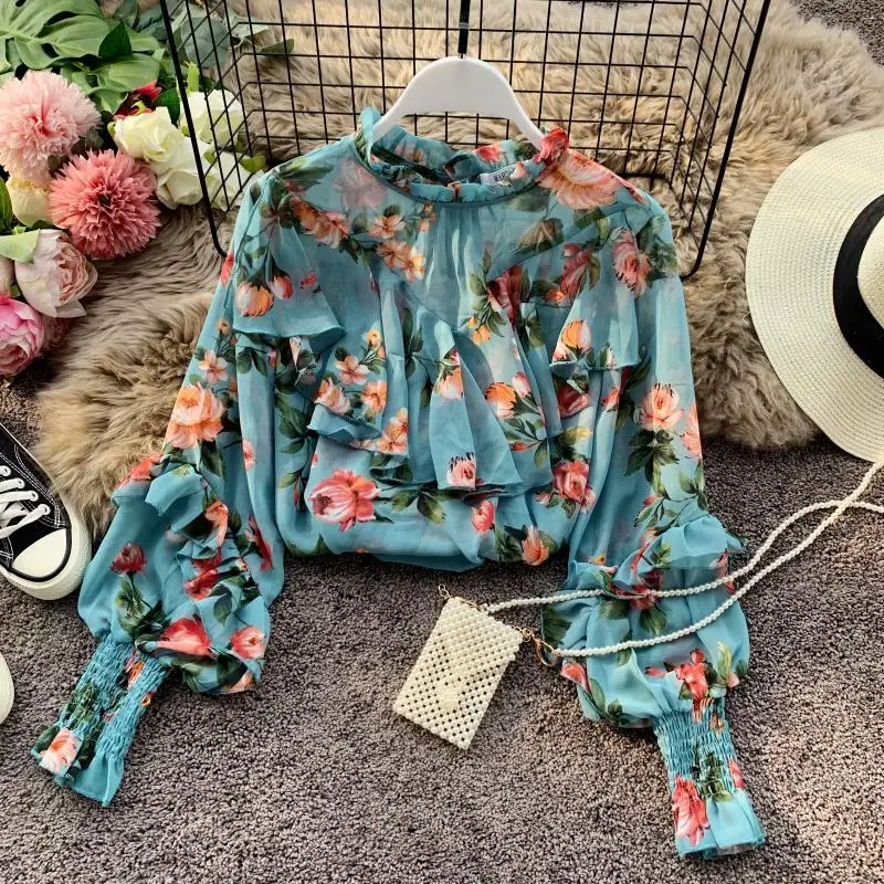 Женская шифоновая рубашка с принтом воротником стойкой и длинным рукавом топы на