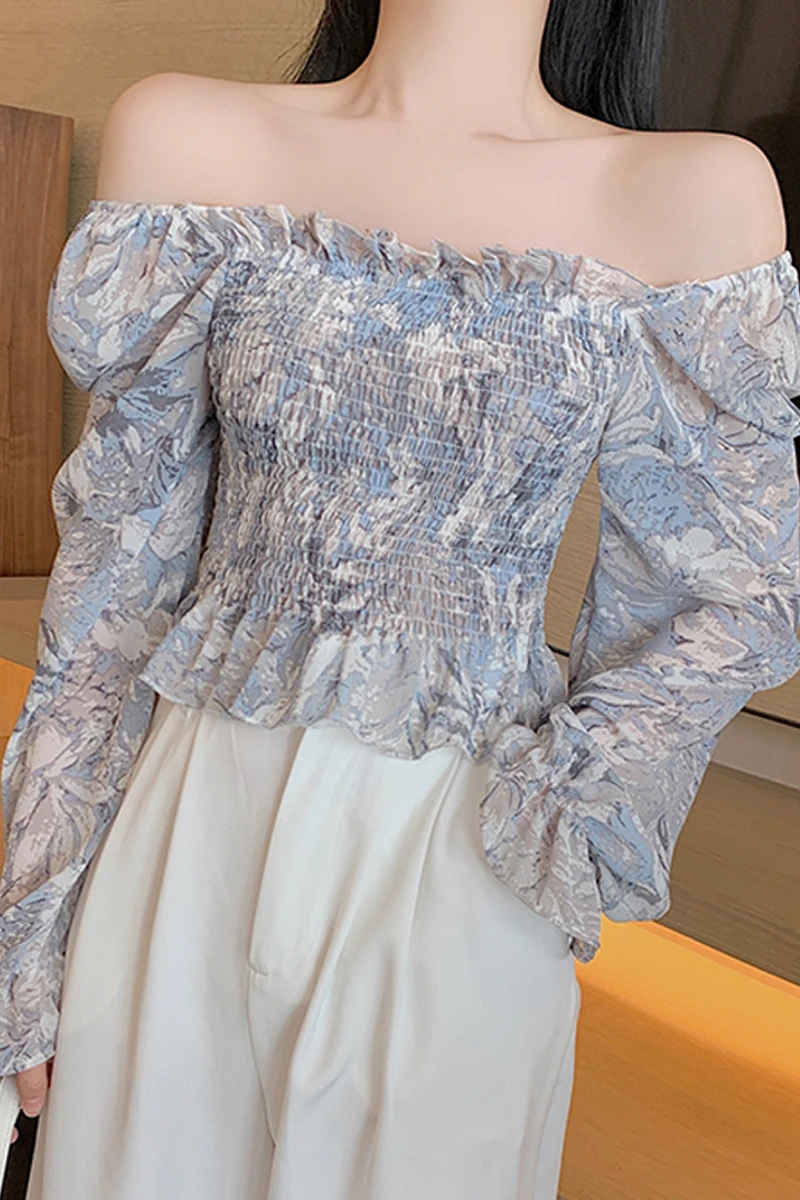 

Floral chiffon shirt female design sense 2021 early spring new women's one-word collar flared sleeve waist pleated top