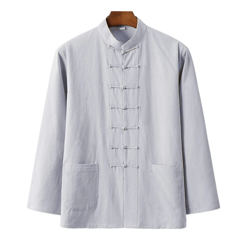 Light gray Традиционный китайский стиль год Hanfu для мужчин топы Wu Tang Clan Твердые льняные тайцзи ушу наряд Винтаж Китай рубашка одежда - Цвет: Light gray