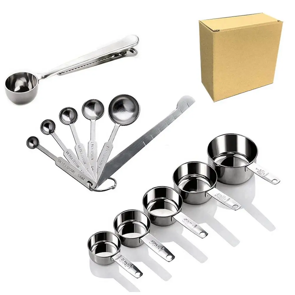 12Pcs/Set Stainless Steel Silver Measuring Cups And Spoons Teaspoon Coffee Sugar Scoop Kitchen Scales Baking Utensils