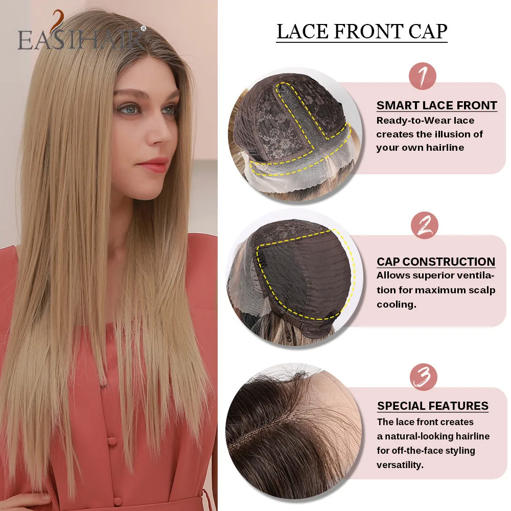 

EASIHAIR Long Silky Synthetic Straight Ombre Brown Blonde Wigs with Baby Hair Lace Front Wig for Women Cosplay Heat Resistant