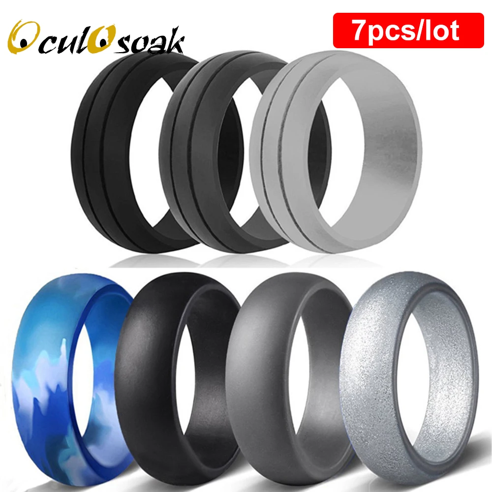 

7pcs/set Silicone Ring 8mm Hypoallergenic Flexible Sports Comfortable Finger Rings 8.7mm FDA Rubber Wedding Band for Men Women
