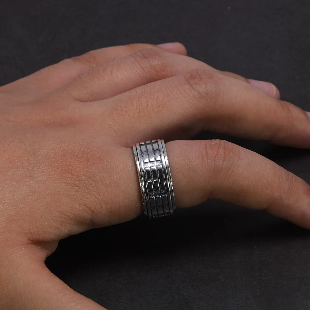 Серебряные кольца для мужчин вращающиеся с резьбой по дереву Taiji Bagua Yin Yang